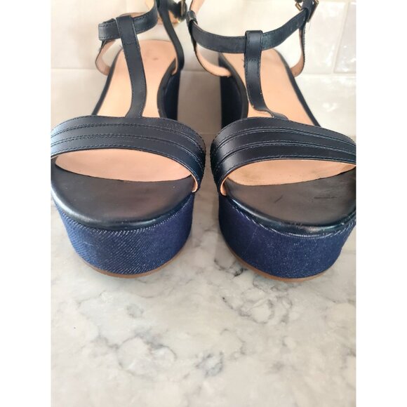Kate Spade New York Ventana Leather Denim Wedge Sandals Adjustable Strap Size 7M - Picture 2 of 9